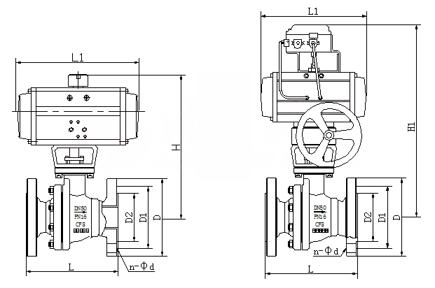 Q641F46气动衬氟球阀外形结构图